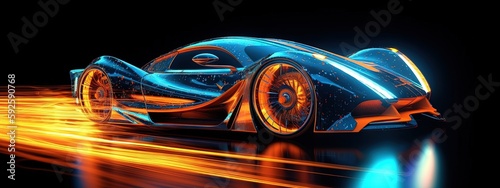 futuristic sport car driving speedily with light reflections in the dark