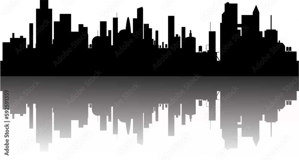 Silhouette: Skyline einer Metropole mit Hochhäusern und Spiegelung