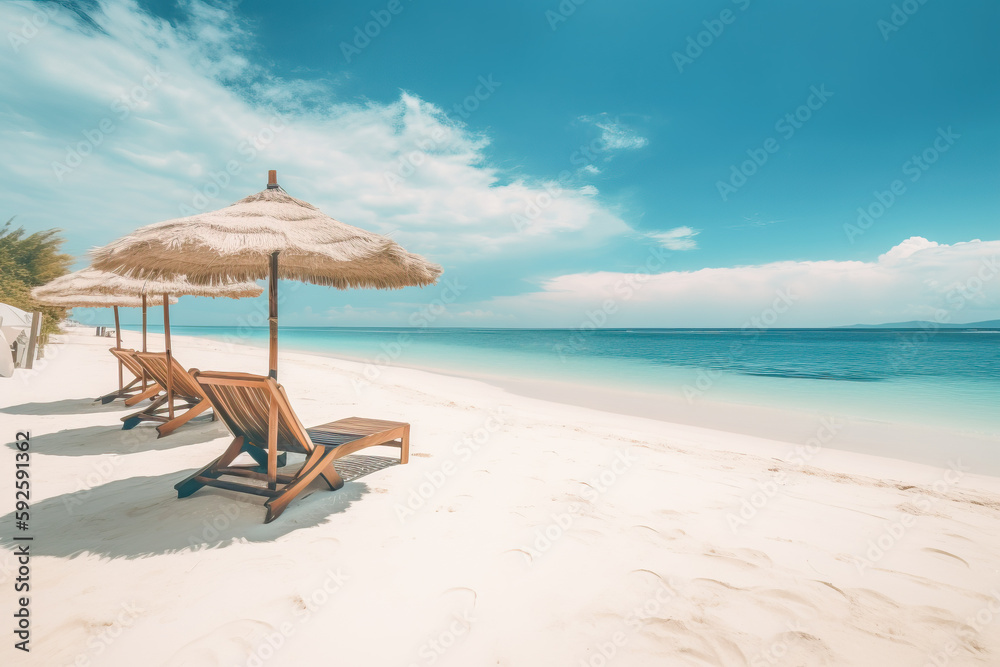Paradise beach background.Luxury vacation concept.Amazing tropical beach landscape. White sand, chairs and umbrella. Generative AI