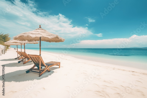 Paradise beach background.Luxury vacation concept.Amazing tropical beach landscape. White sand  chairs and umbrella. Generative AI
