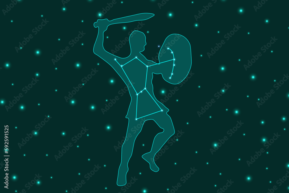 A large horizontal banner with Constellation of Orion. Orion's belt in the starry sky. Astronomical poster. The silhouette of a Greek demigod. Vector illustration. Astrology background.  - obrazy, fototapety, plakaty 