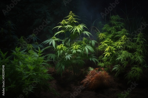 Cannabis 3 plants Growth Process  A Stunning Photographic Series Documenting the Journey of Three Marijuana Plants from Sprout to Fully Grown - Essential Stock Image for Cannabis Enthusiasts
