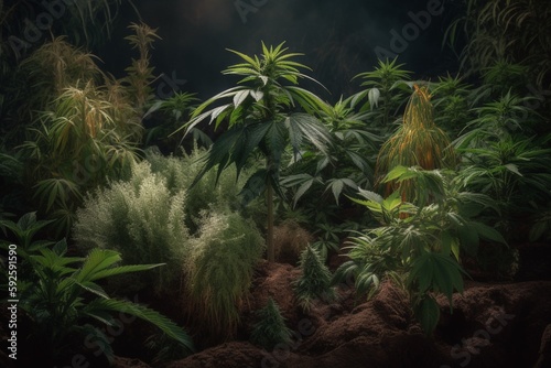 Cannabis 3 plants Growth Process  A Stunning Photographic Series Documenting the Journey of Three Marijuana Plants from Sprout to Fully Grown - Essential Stock Image for Cannabis Enthusiasts