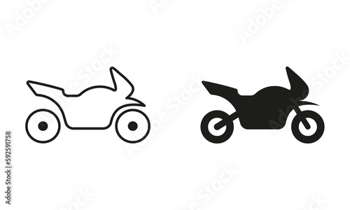 Motorcycle Line and Silhouette Black Icon Set. Sport Motorbike Pictogram. Motor Bike Transport Outline and Solid Symbol Collection. Motorcycle, Scooter, Motorbike Sign. Isolated Vector Illustration