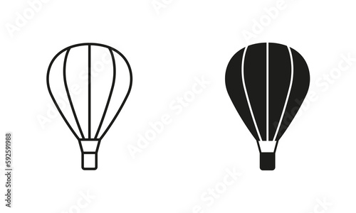 Hot Air Balloon with Basket Line and Silhouette Black Icon Set. Flight Baloon for Travel Pictogram. Fly Hotair Ballon for Sky Journey Outline and Solid Symbol Collection. Isolated Vector Illustration