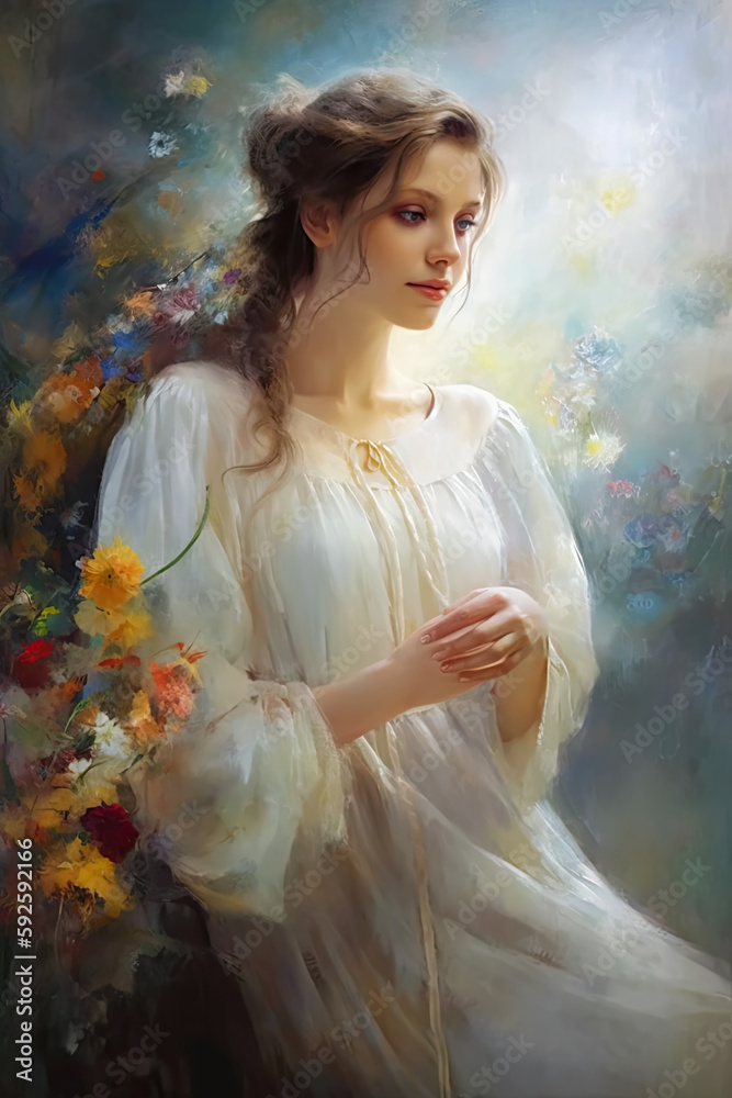 Generative AI has produced an oil painting of a happy woman standing in the middle of a lush flower meadow. The artwork captures the joy and serenity of a beautiful day spent in nature. Generative AI has produced an oil painting of a happy woman standing in the middle of a lush flower meadow. The artwork captures the joy and serenity of a beautiful day spent in nature.