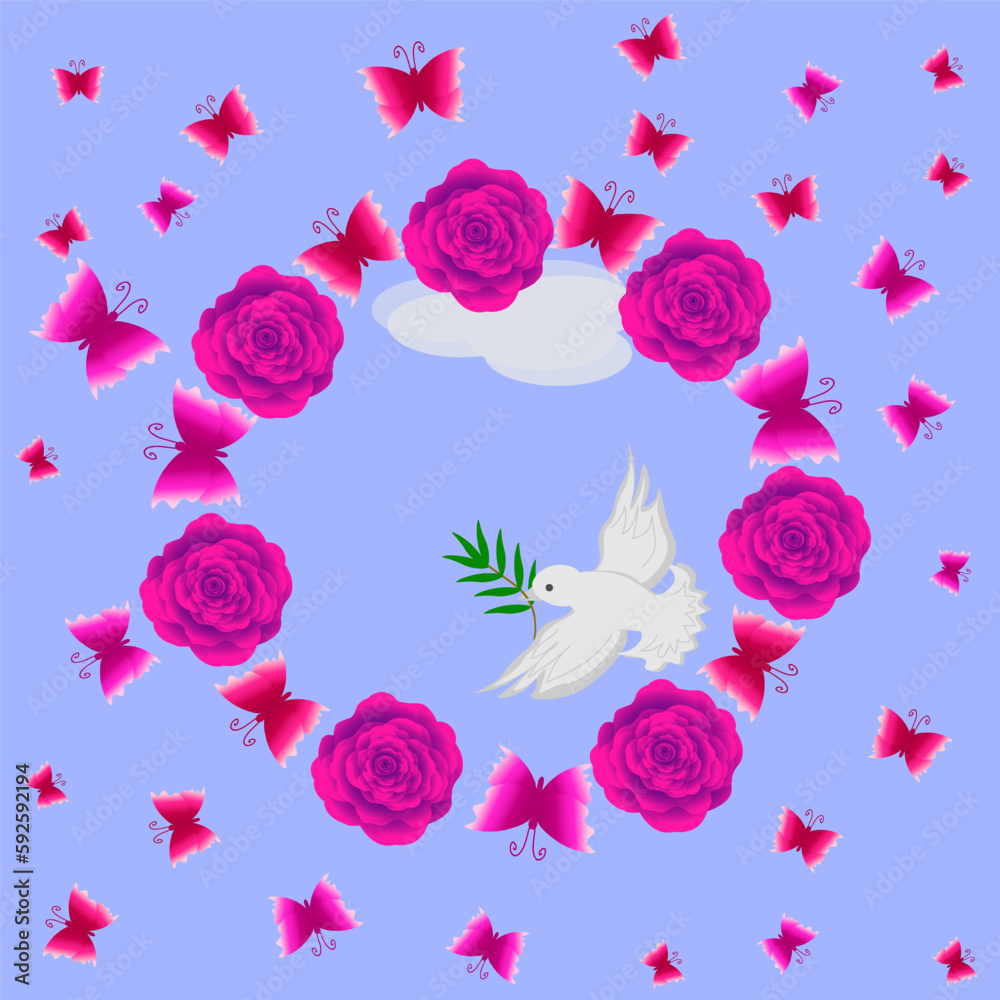 a frame of roses and flying butterflies. In the middle is a  dove with an olive branch.