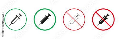 Syringe Drug Red and Green Warning Signs. Anti Vax, Against Vaccination Line and Silhouette Icons Set. Allowed and Prohibited Area for Inject, Doping Zone Pictogram. Isolated Vector Illustration