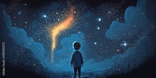 Foto Illustration of a boy looking at night starry sky with glitter glow galaxy flick