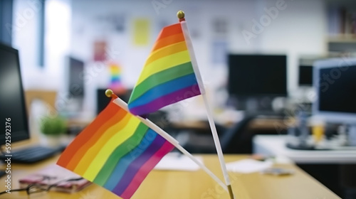 Mini flag office decoration with LGBT colors.