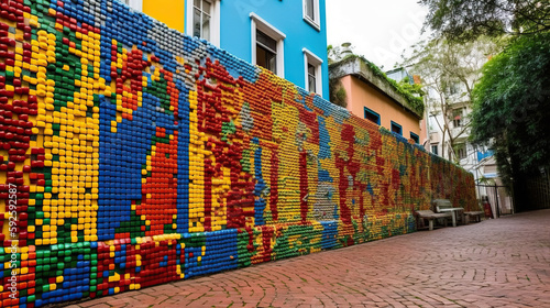 wall on the street made of lego pieces with the LGBT colors.