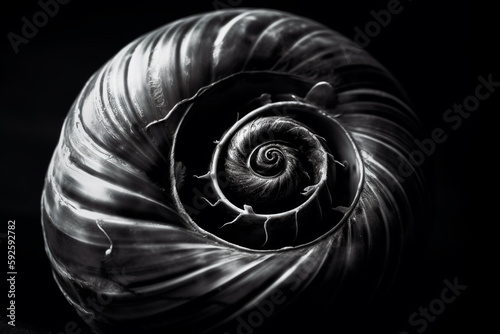 Abstract conceptual illustration of a shell in black and white high contrast. Generative AI
