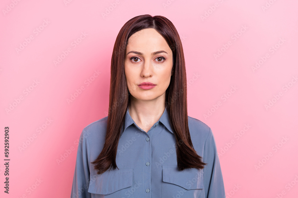 Fototapeta premium Photo portrait of confident business lady wear blue formal shirt stylish clothes professional engineer worker isolated on pink color background