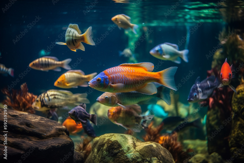 Fototapeta premium Colorful exotic fish in a tank. Generative AI