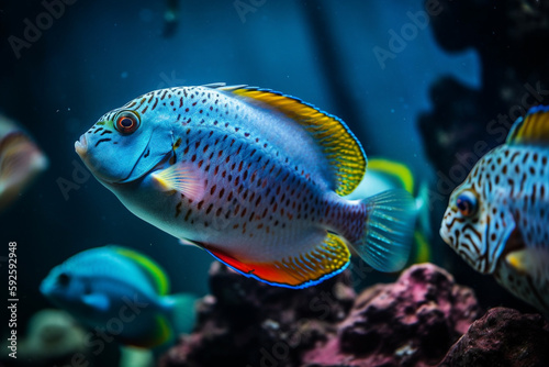 Colorful exotic fish in a tank. Generative AI