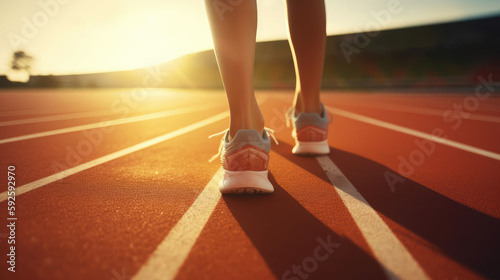 Female runner s legs on race track at sunset. Generative AI