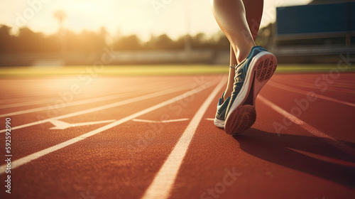 Female runner's legs on race track at sunset. Generative AI