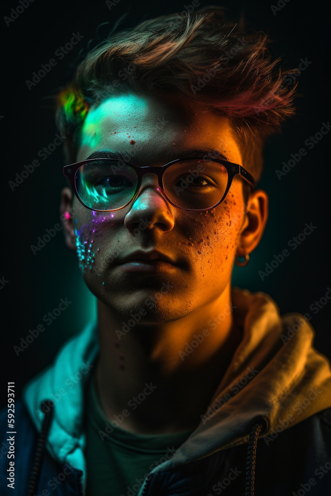 Studio portrait of a male hipster. Generative AI.