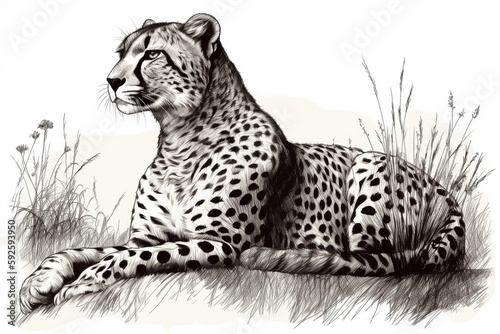 Hand drawn ink illustration of a cheetah in its natural habitat. Generative AI.