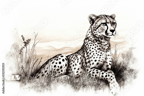 Hand drawn ink illustration of a cheetah in its natural habitat. Generative AI.