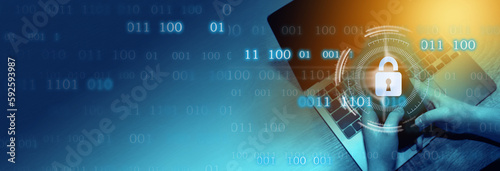 Cyber, personal data, privacy and information security. Internet networking  protection security system concept. Padlock icon on tech code background. Banner. Copy space.