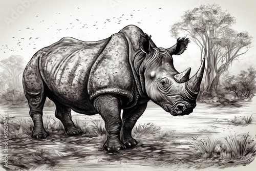 Hand drawn ink illustration of a rhinoceros in its natural habitat. Generative AI.