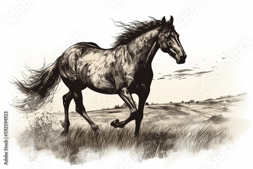 Hand drawn ink illustration of a wild horse in its natural habitat. Generative AI.