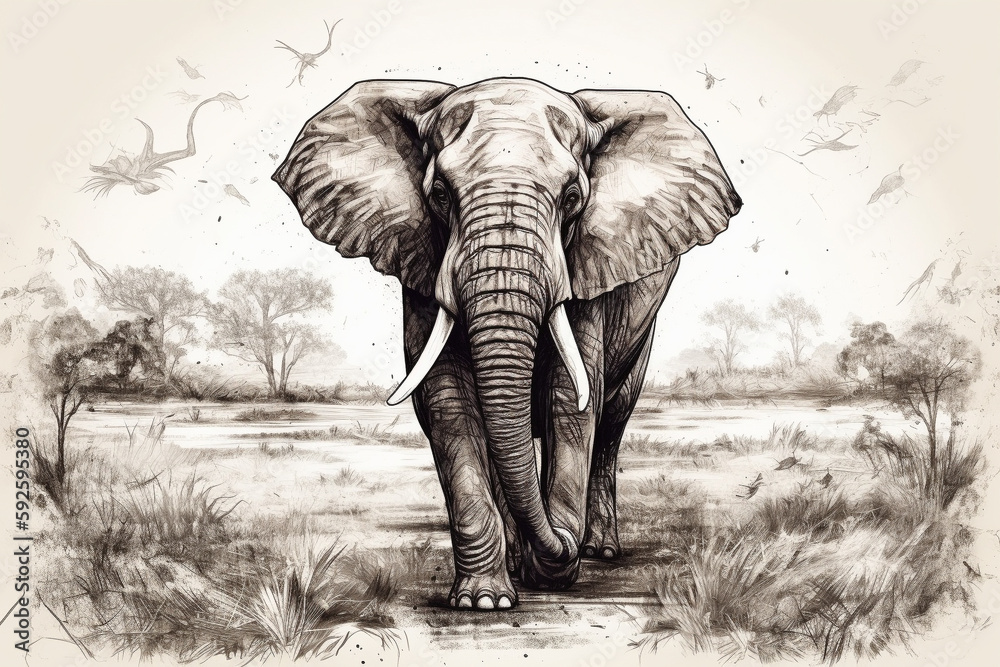 Naklejka premium Hand drawn ink illustration of an elephant in its natural habitat. Generative AI.