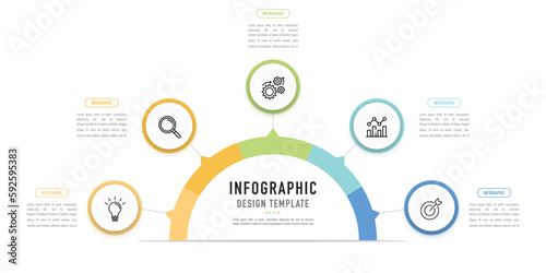 Semicircular mind map infographic template or element with 5 step, process, option, colorful 3D circle, tag, button, paper origami, circular, icons, thin line for sale slide, flowchart, brochure, web