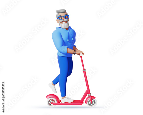 3d illustration of happy business man with gray hair, beard and glasses in blue clothes isolated on white color background. 3d render design of man character ride a red scooter