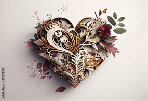 St. Valentine's Day: Love convept. Beautiful read heart with floral ornaments on the white background. AI. Generative AI photo