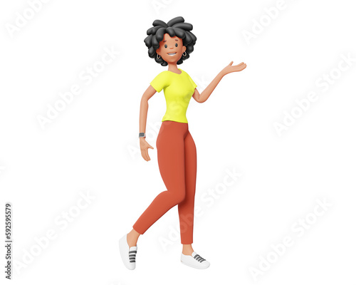 3d illustration of happy business woman with black hair isolated on white color background. 3d render design of woman character stand and show hand