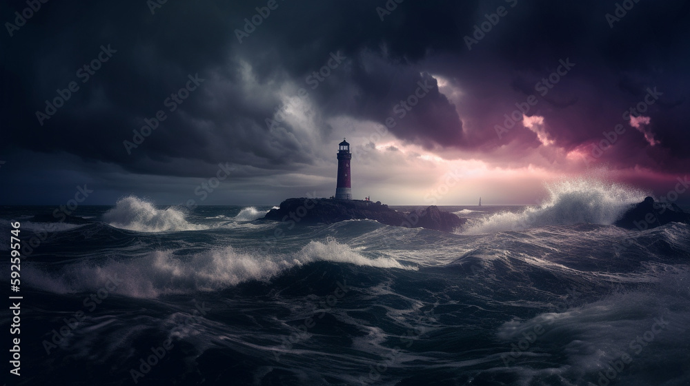 Illustration of a beautiful lighthouse in a dramatic storm. Generative AI