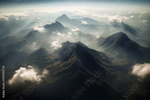 Beautiful mountains scenery, aerial view. Generative AI