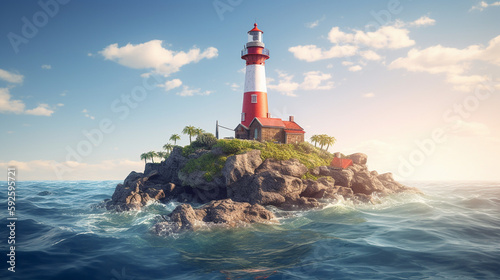 Colorful illustration of a beautiful lighthouse on an island in the middle of a calm ocean in daylight. Generative AI