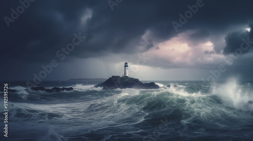 Illustration of a beautiful lighthouse in a dramatic storm. Generative AI