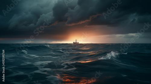 Illustration of a boat sailing in the middle of the ocean during a storm. Generative AI © Mihai Zaharia