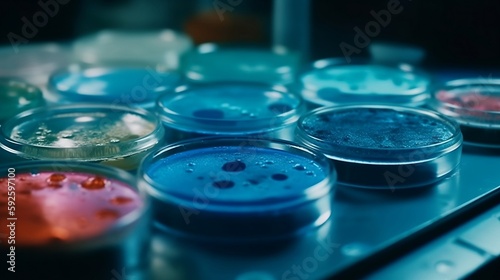 Blue bacteria and virus cells in petri dish at scientific laboratory. Mold culture PDA agar. Experimental for biochemistry, Biotechnology, Biology science laboratory. Generative AI