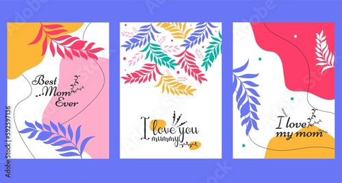 Happy Mother's Day vector greeting cards set with beautiful leaves and abstract background. I Love you mummy.