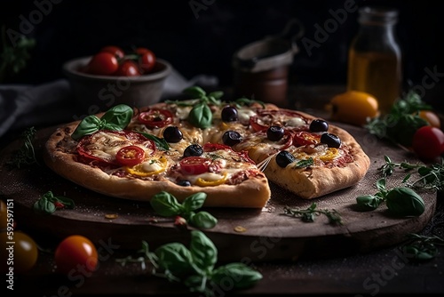 Pizza with cherry tomatoes fresh black olives and basil on a wooden plate with various ingredients blurred in the background, dark background
