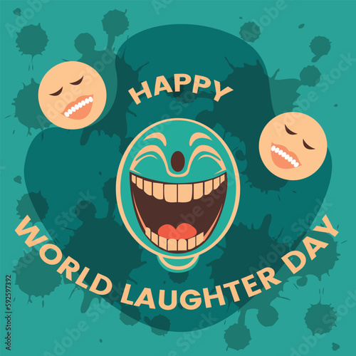 Cartoon face with laughing and world laughter day text