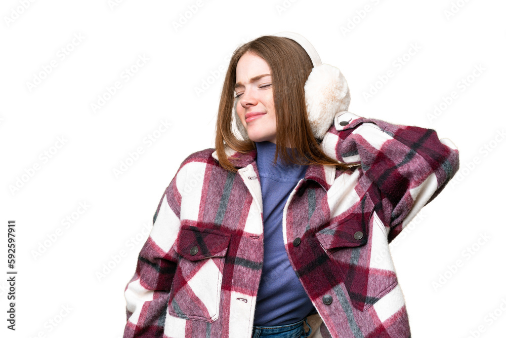 Young pretty woman wearing winter muffs over isolated chroma key background with neckache Young pretty woman wearing winter muffs over isolated chroma key background with neckache