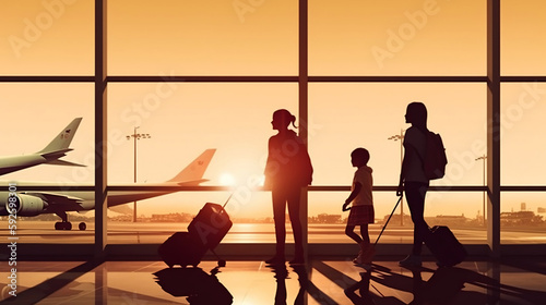 Family at airport with child and luggage walking to departure gate, silhouette of people, abstract travel concept. Generative AI.