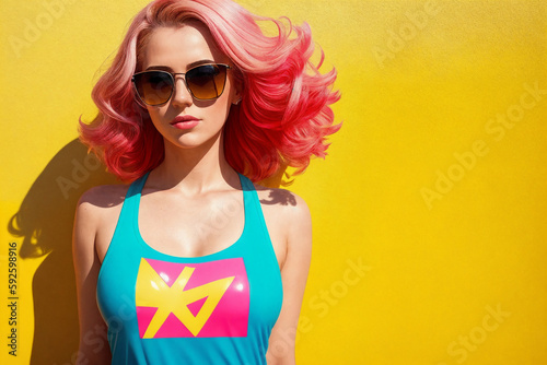 Portrait of a fashionable woman with pink hair and sunglasses on yellow background. Generative AI.