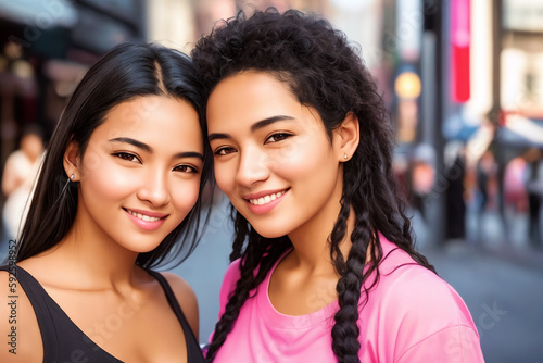 Portrait of a beautiful asian girls, city street as a background. Generative AI.