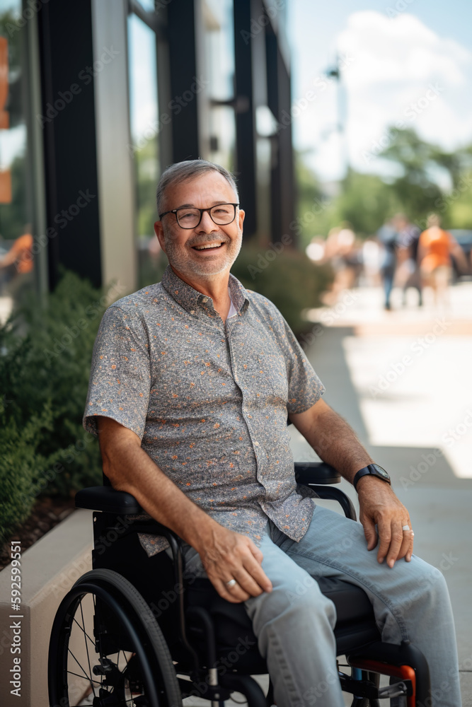 Adult man in wheelchair outdoors smiling. Generate by ai Adult man in wheelchair outdoors smiling. Generate by ai