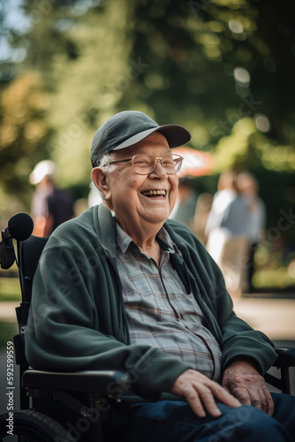Grandfather in a wheelchair outdoors smiling. Generate by ai