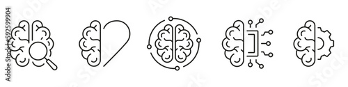 Tech Science, Brainstorm, Knowledge Black Line Icon Set. Human Brain and AI Pictogram Collection. Artificial Intelligence Symbol on White Background. Editable Stroke. Isolated Vector Illustratio