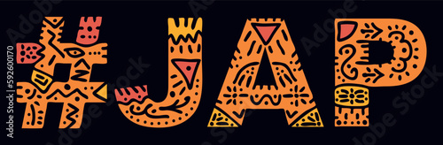 JAP Hashtag. Isolated text with national ethnic ornament. Patterned Hashtag #JAP for social network, japanese resource, mobile app, games, clothing, t-shirt, banner, adv