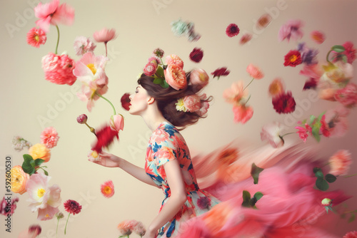 woman beauty art spring fashion flower colorful colour flying falling peony. Generative AI.
